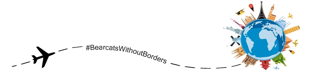 Plane with trail leading to globe surrounded by famous landmarks, reading 'Bearcats without borders'.