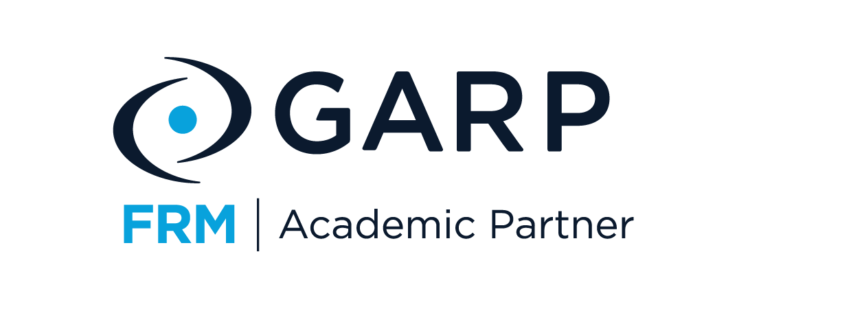 GARP logo with is GARP in navy text with two parenthesis to the left with a light blue dot in the middle and underneath it says FRM Academic Partner