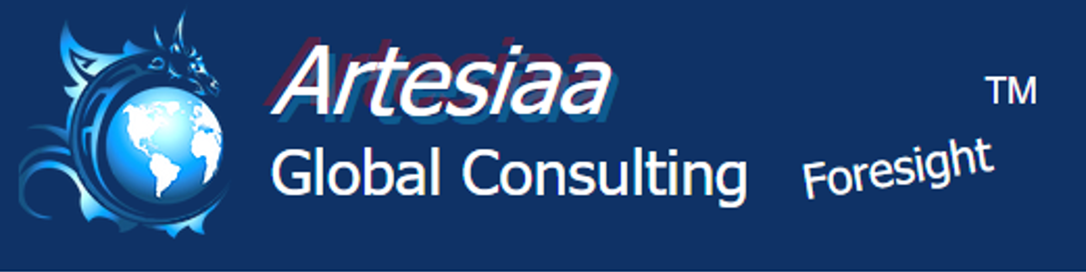 artesiaa logo - watery globe + business name on navy background