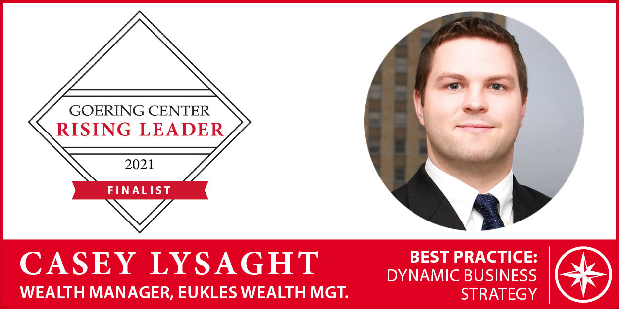 Casey Lysaght headshot and Rising Finalist badge for Dynamic Business Strategy