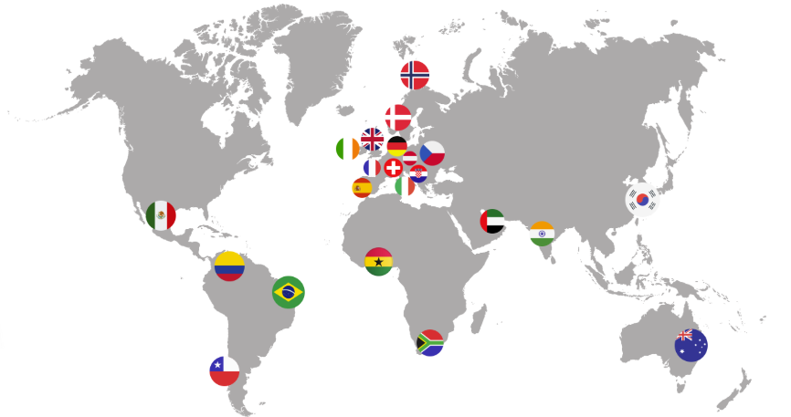 Map of the world with various flags on their respective countries.