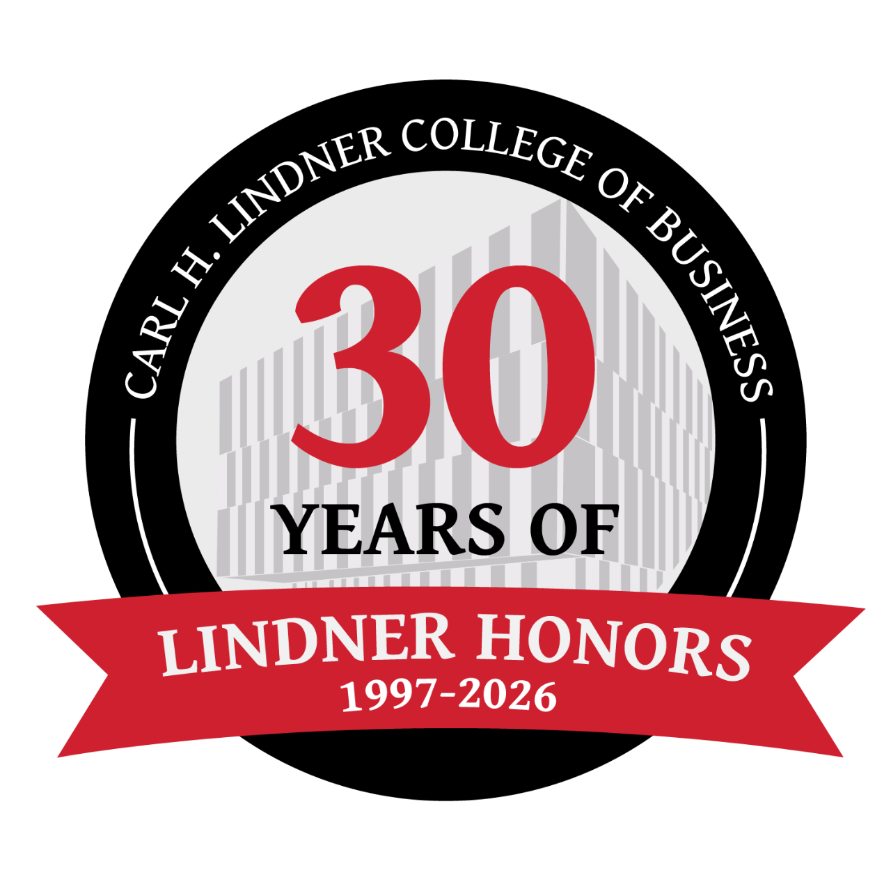 Badge that says 'Carl H. Lindner College of Business 30 year of Lindner honors 1997-2006' with red, white, gray and black colors